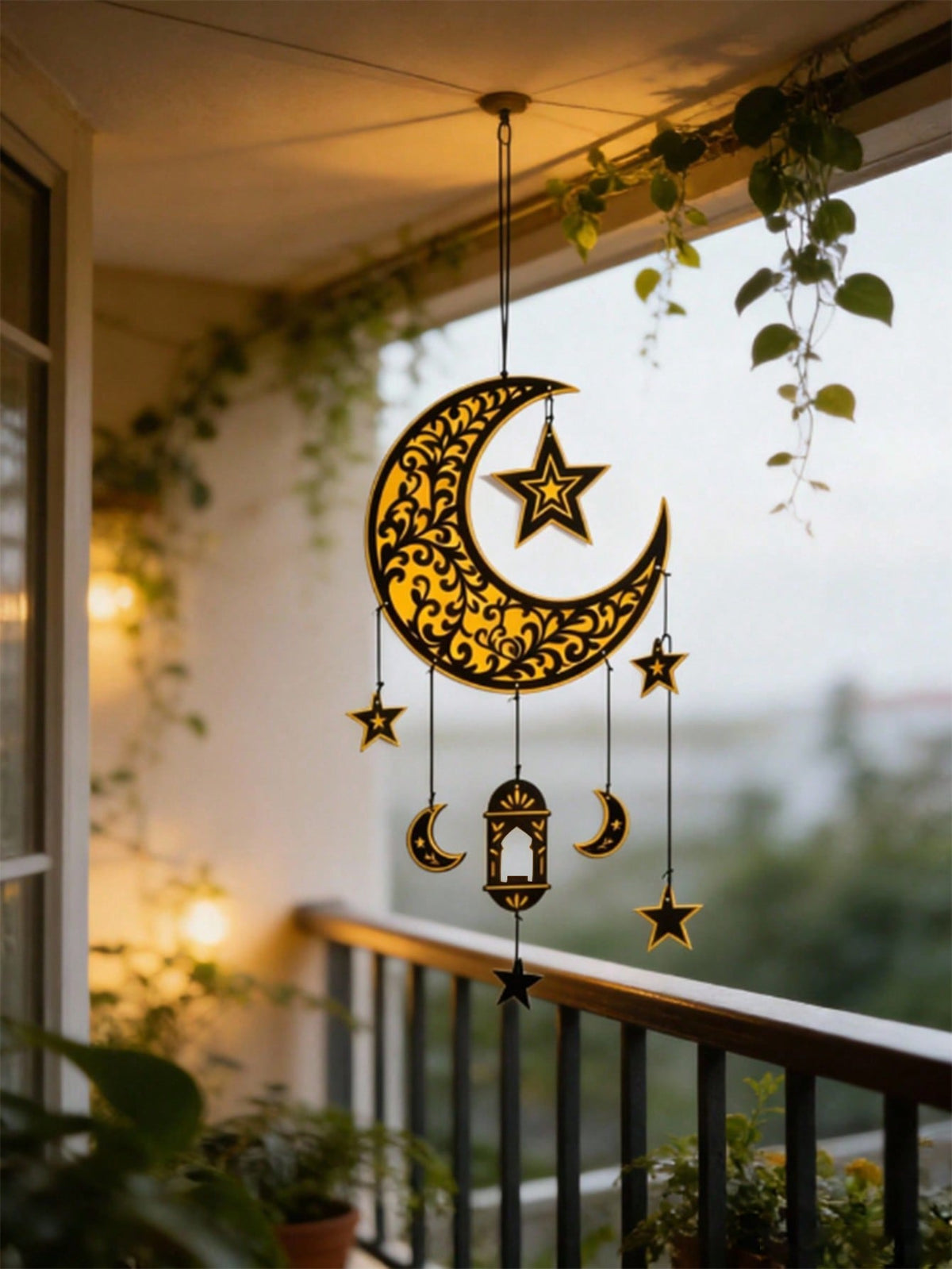 crescent moon lantern vine wall hanging styled in a room, photo 7