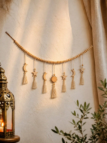 crescent moon sun and star tassel garland styled in a room, photo 8