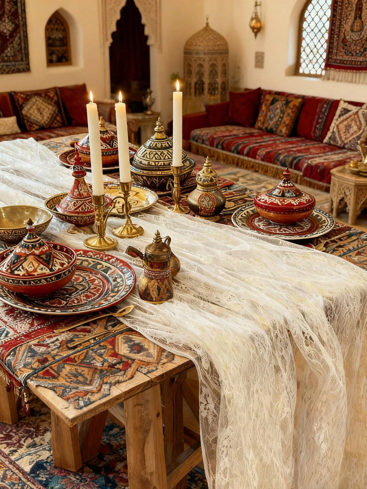 floral lace sheer table runner styled in a room, photo 9