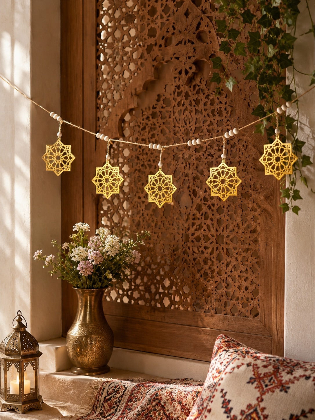 gold eight-point star garland styled in a room, photo 7
