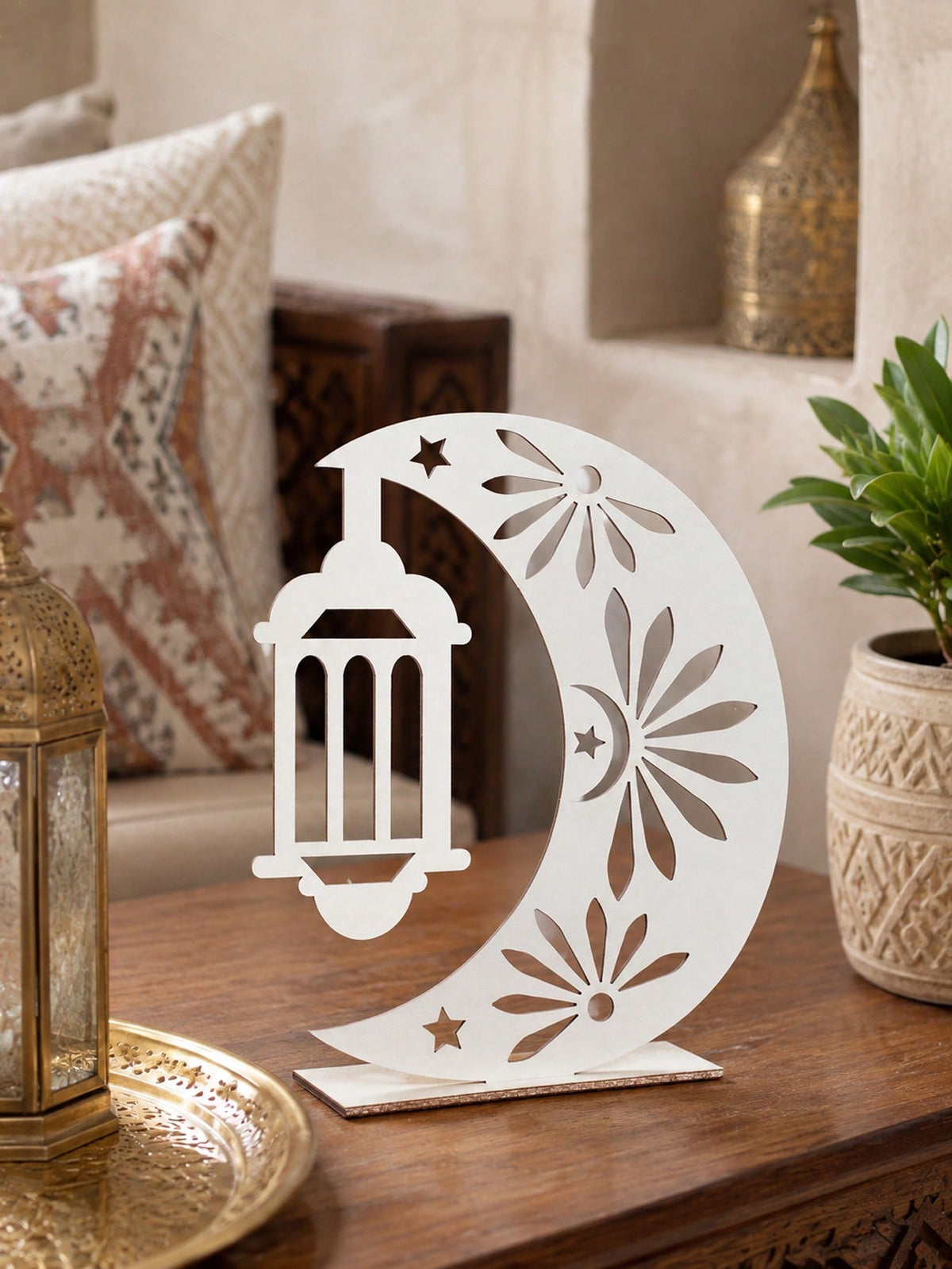 crescent moon and lantern tabletop decor styled in a room, photo 8