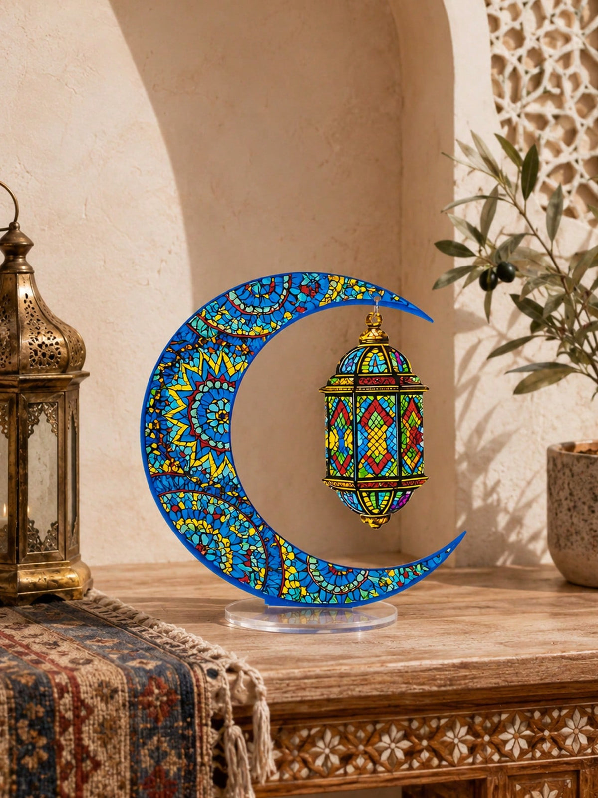 crescent moon and lantern acrylic tabletop decor styled in a room, photo 6