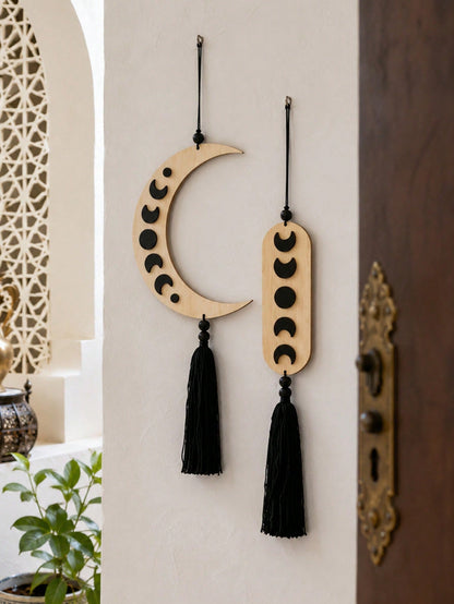 crescent moon phase tassel wall hanging styled in a room, photo 9