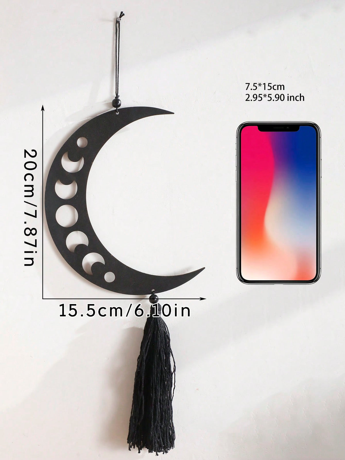 moon phase crescent and star tassel hanging size and details, photo 11