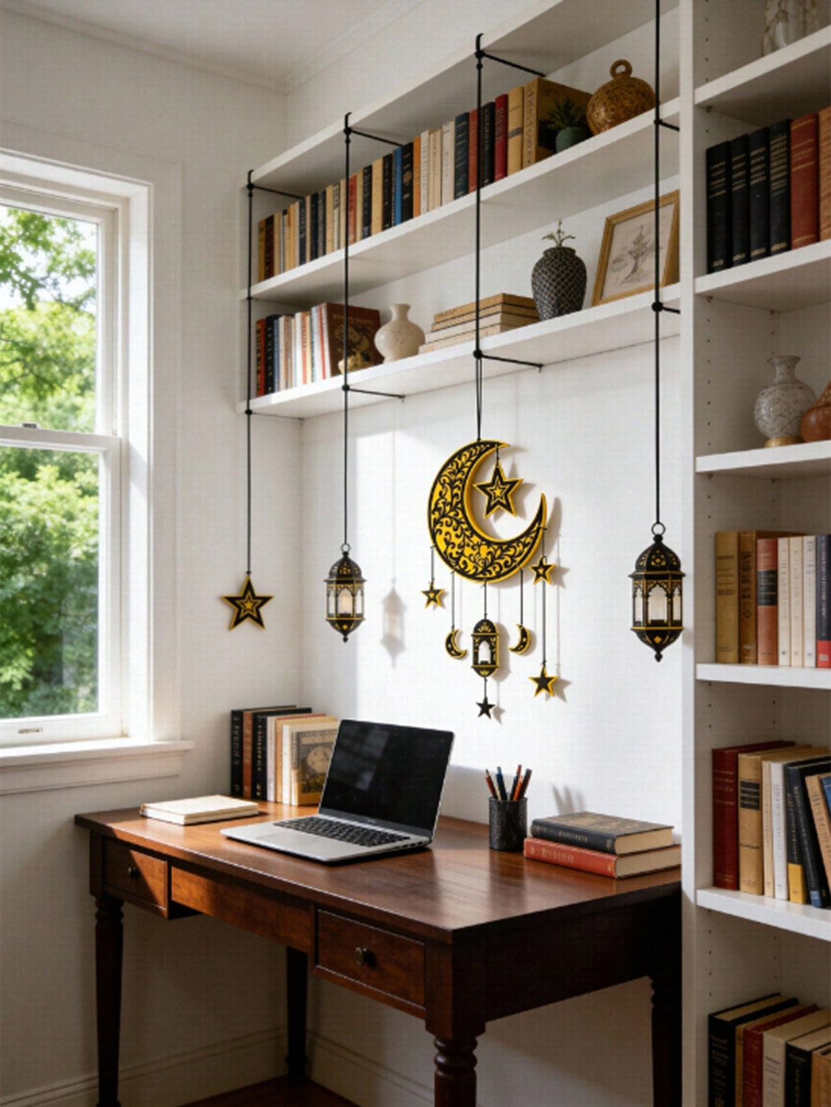 crescent moon lantern vine wall hanging styled in a room, photo 8