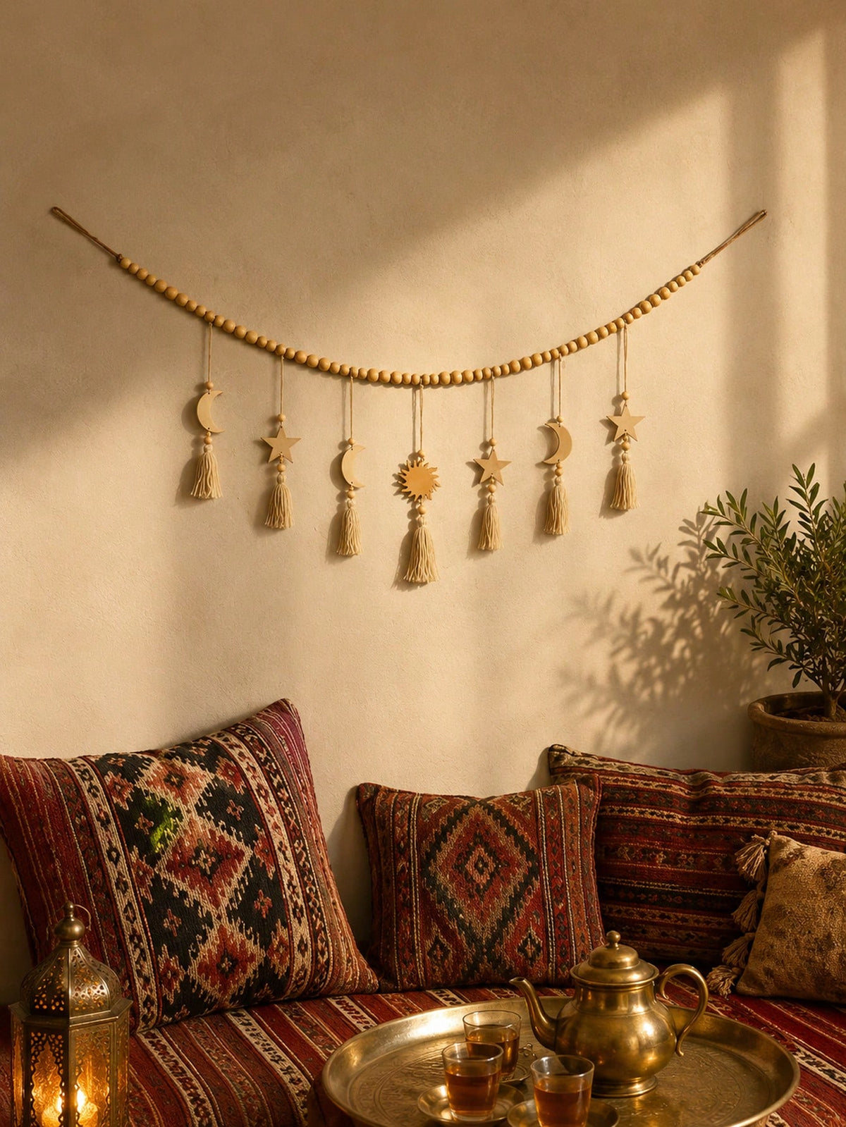 crescent moon sun and star tassel garland styled in a room, photo 9