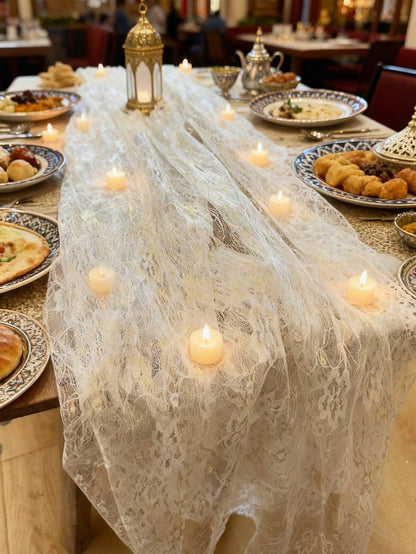floral lace sheer table runner styled in a room, photo 10