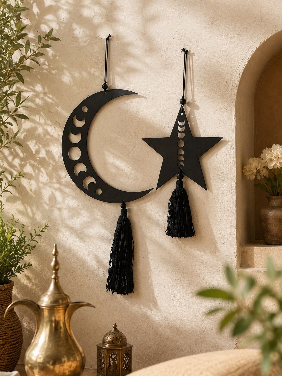 moon phase crescent and star tassel hanging styled in a room, photo 4