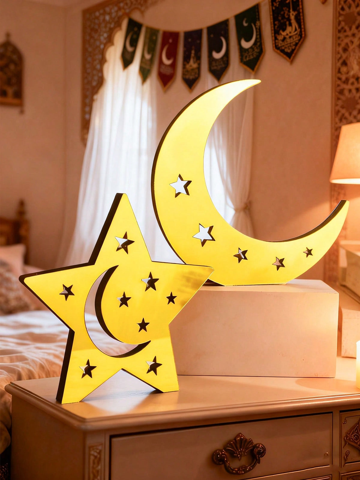 mirror crescent moon and star tabletop decor styled in a room, photo 9