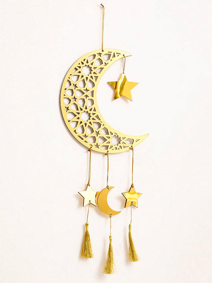 crescent moon star wall hanging with tassels styled in a room, photo 9