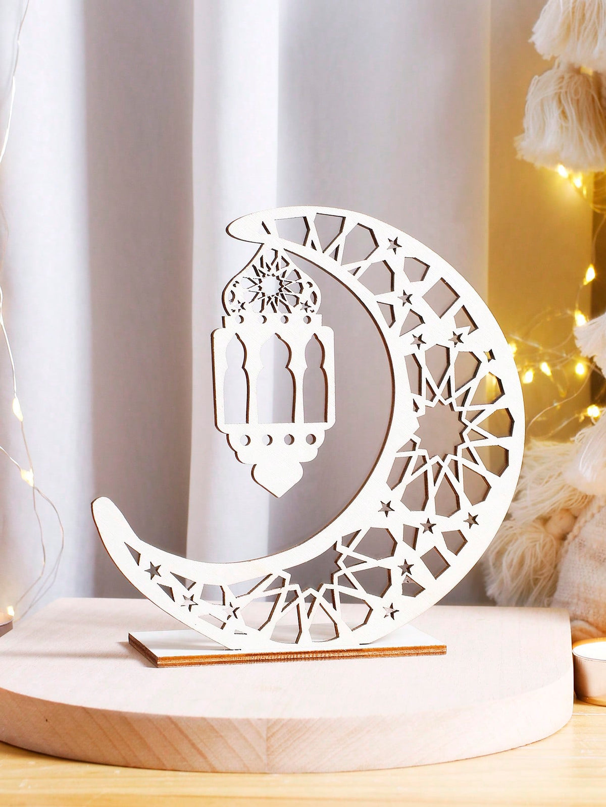 geometric crescent moon lantern tabletop decor styled in a room, photo 8