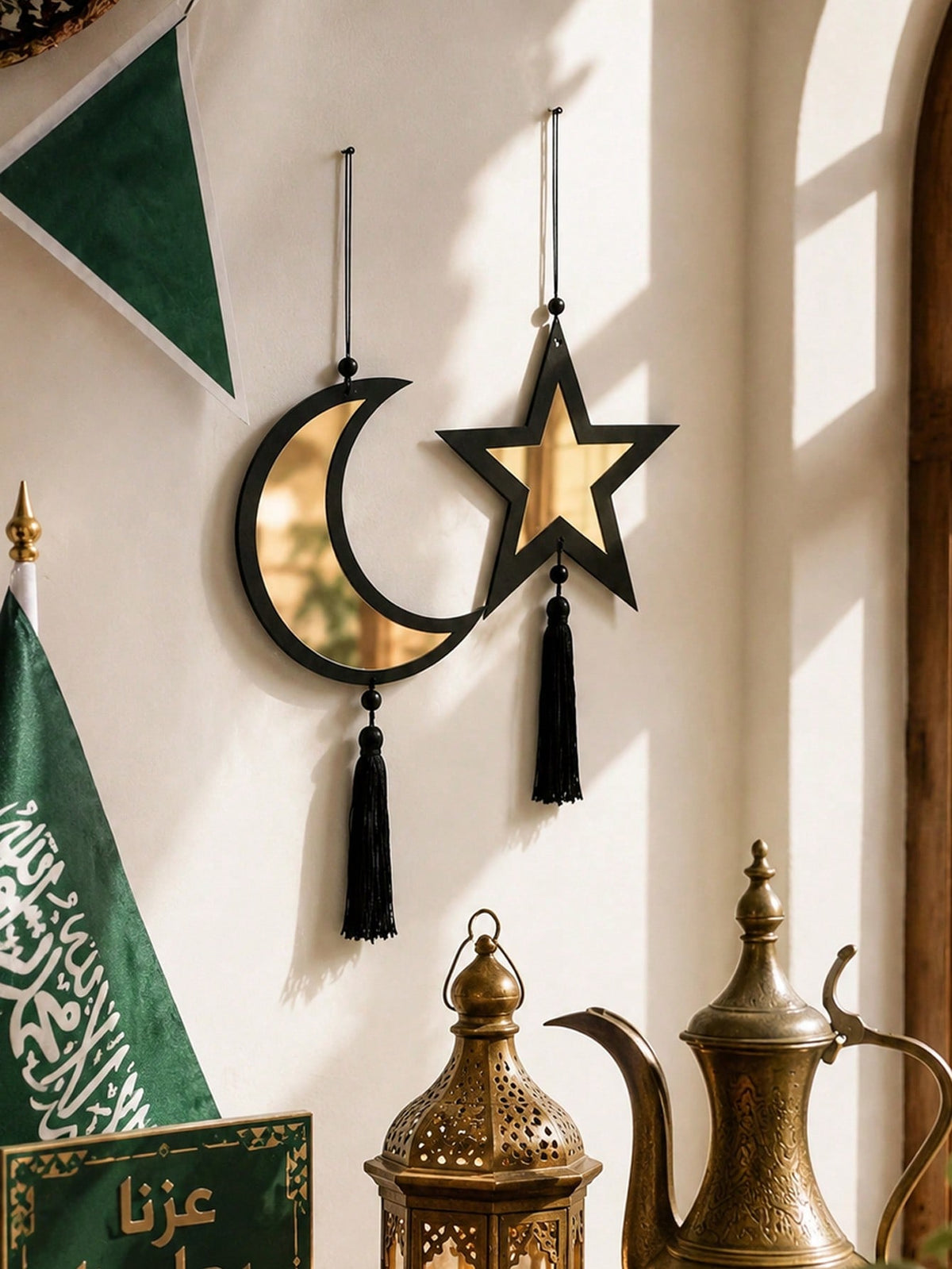 star and crescent tassel wall hanging styled in a room, photo 9