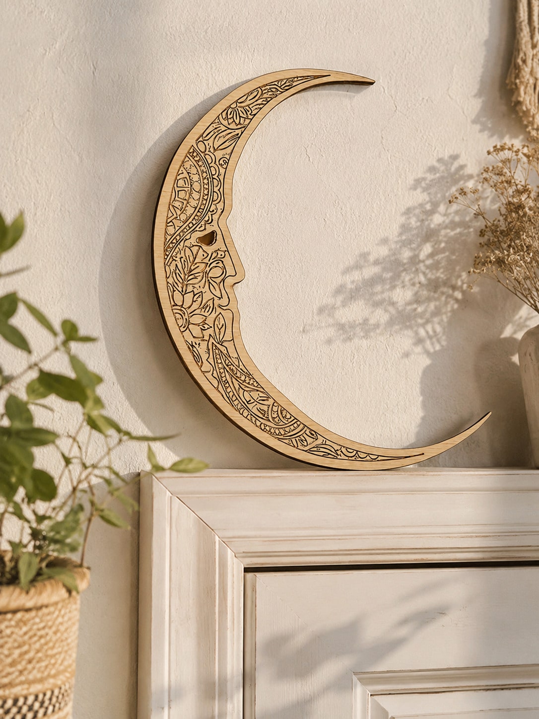 carved crescent moon door corner decor styled in a room, photo 9
