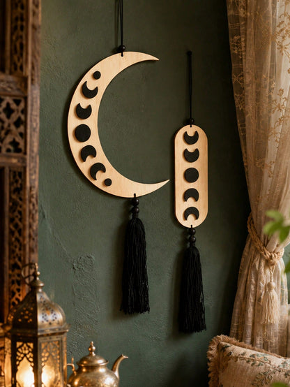 crescent moon phase tassel wall hanging styled in a room, photo 10