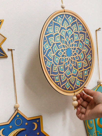 geometric star and crescent hanging ornaments styled in a room, photo 8