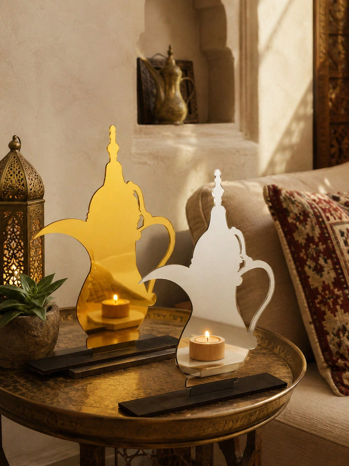 Arabic Dallah coffee pot tabletop decor styled in a room, photo 10