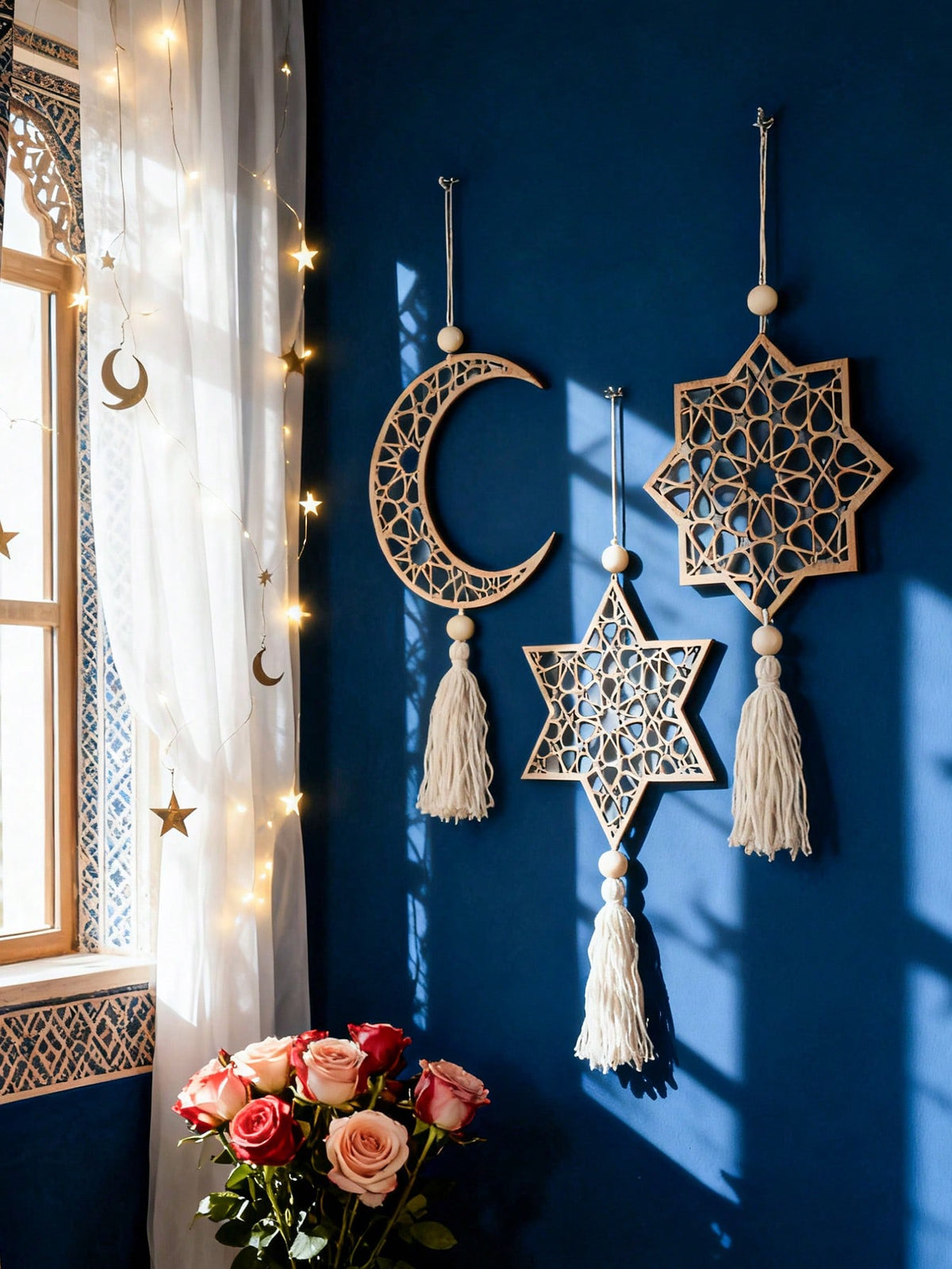 crescent moon and geometric star tassel hanging