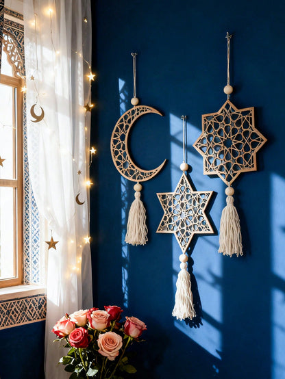 crescent moon and geometric star tassel hanging