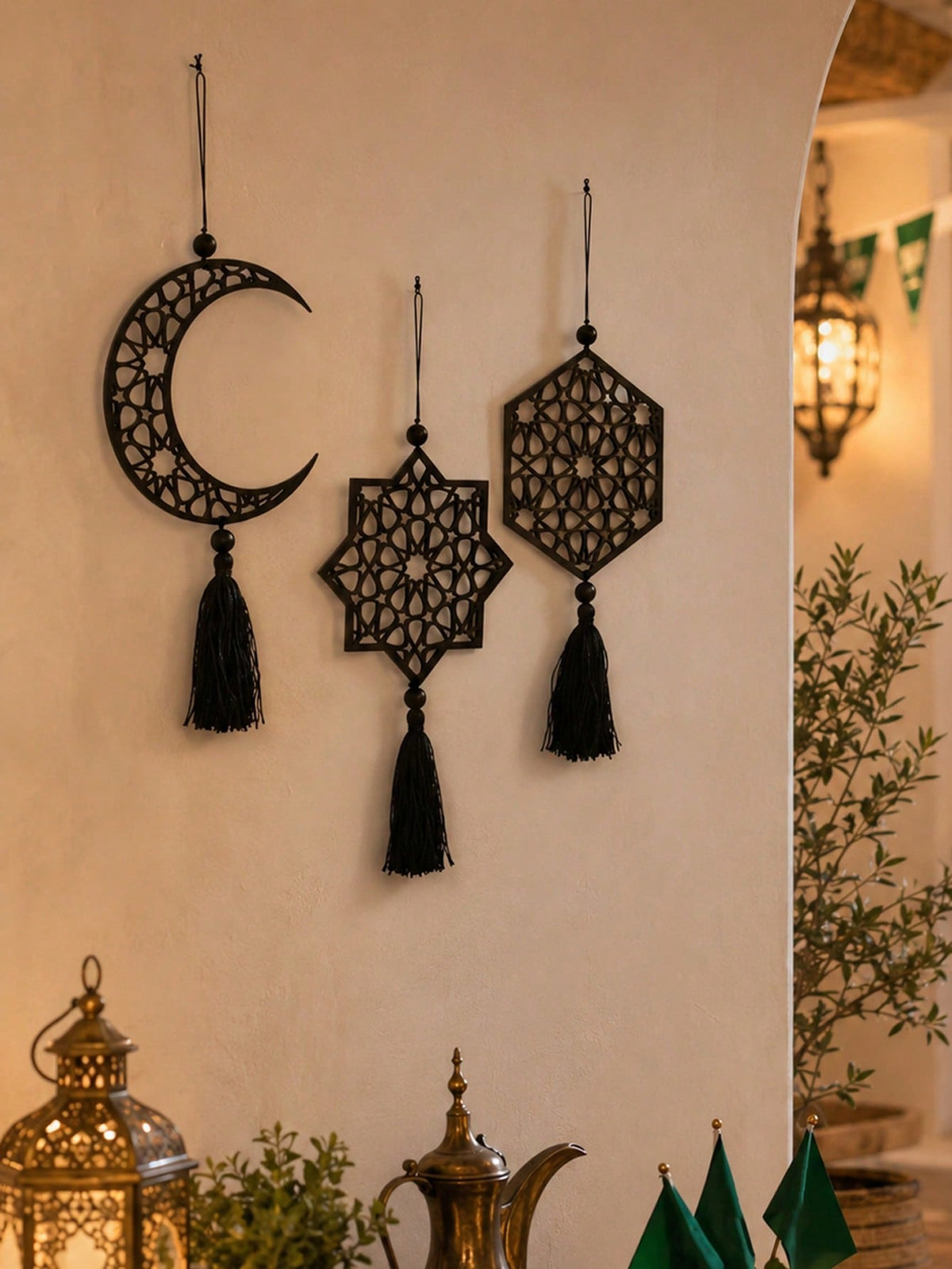 crescent moon and geometric star tassel hanging styled in a room, photo 8