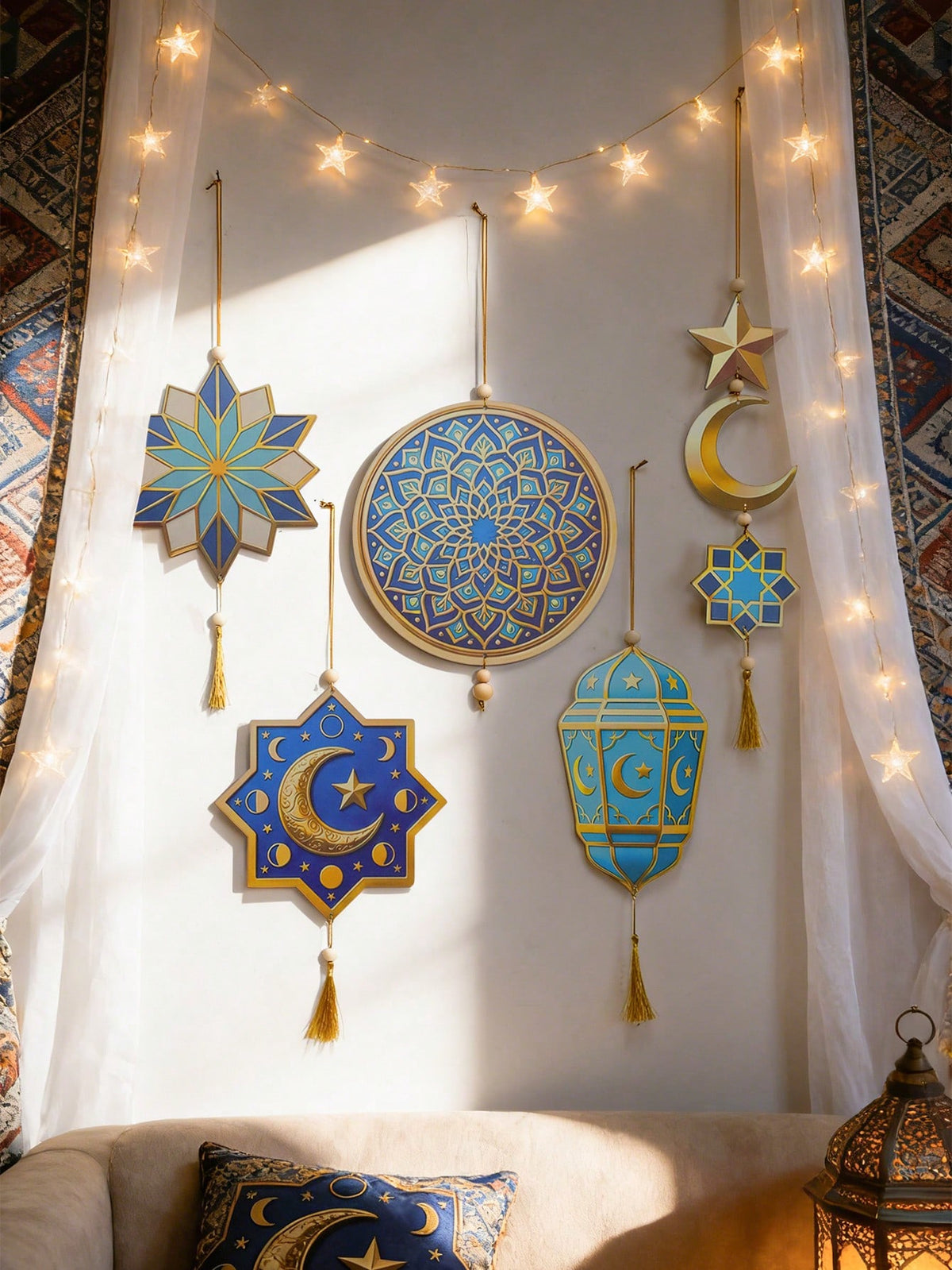 geometric star and crescent hanging ornaments