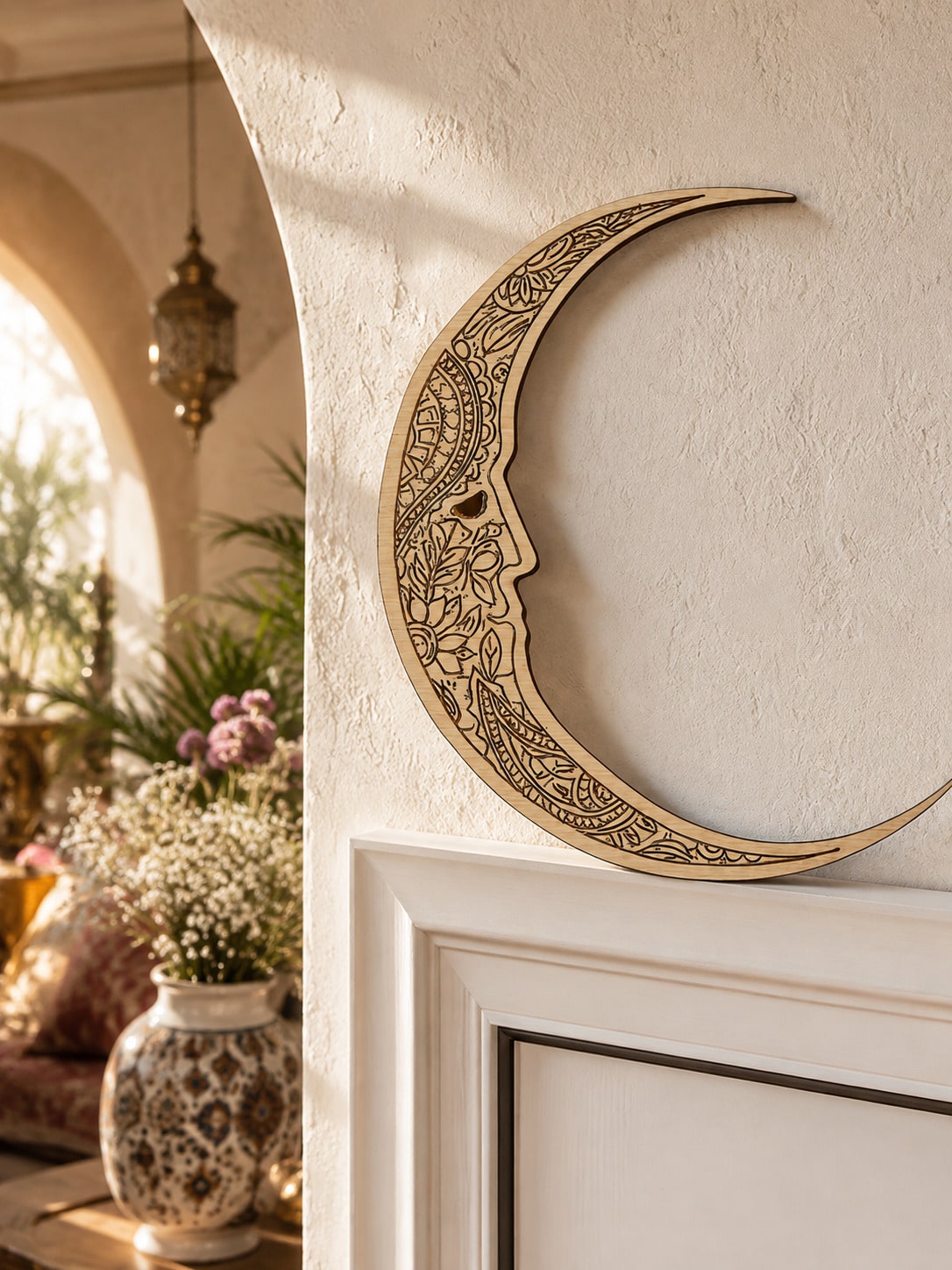 carved crescent moon door corner decor