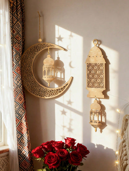 floral crescent moon and lantern wall hanging