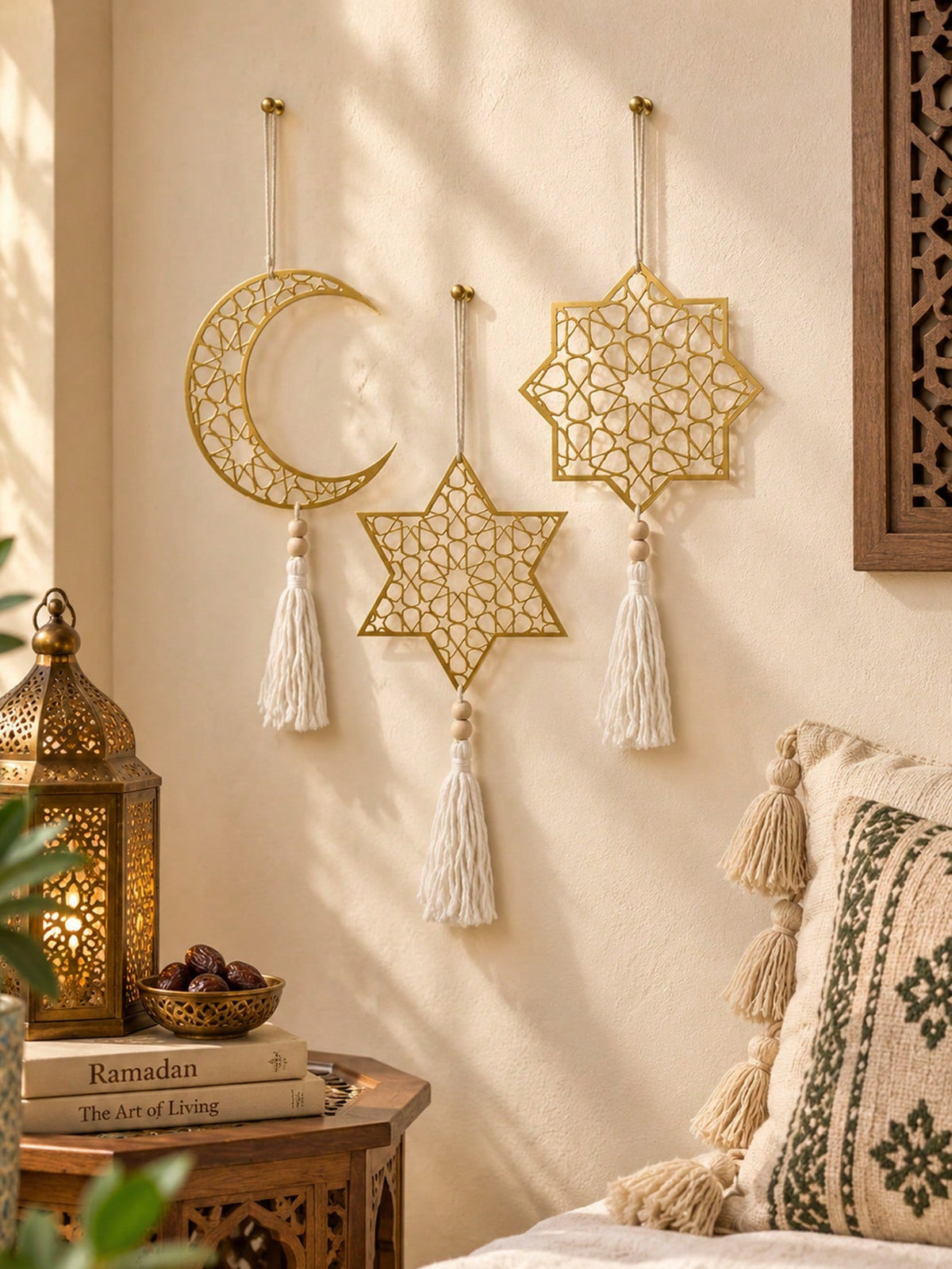 crescent moon and geometric star tassel hanging styled in a room, photo 12
