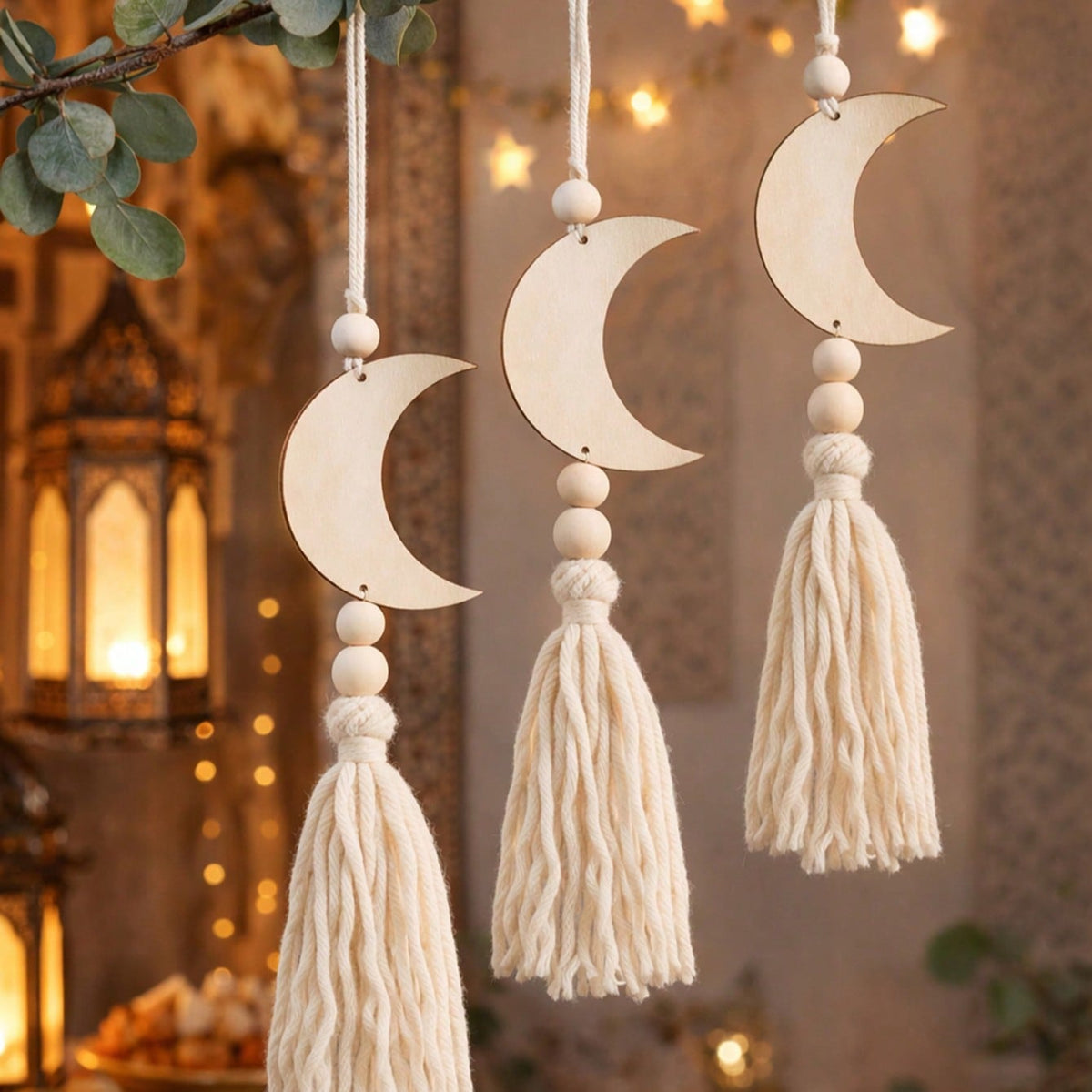 crescent moon and star tassel wall hanging styled in a room, photo 2