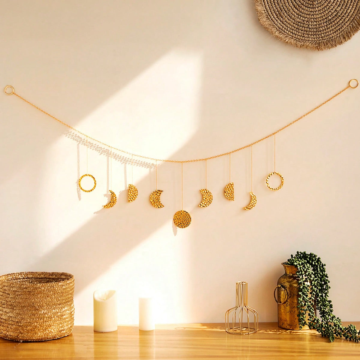 gold moon phase garland styled in a room, photo 2