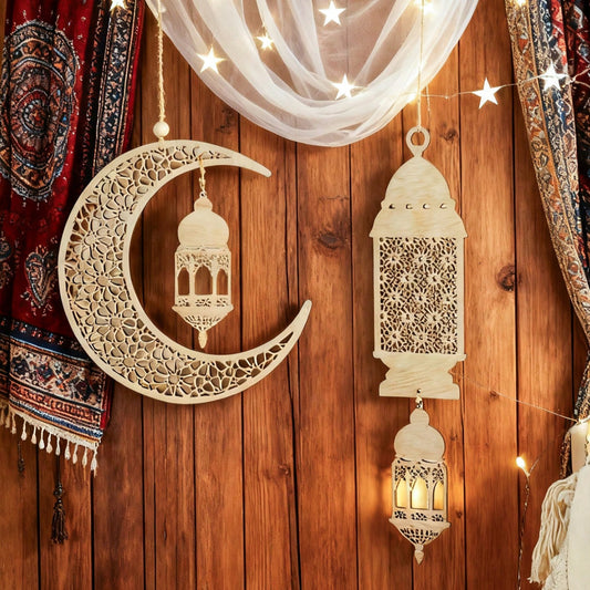 floral crescent moon and lantern wall hanging styled in a room, photo 2
