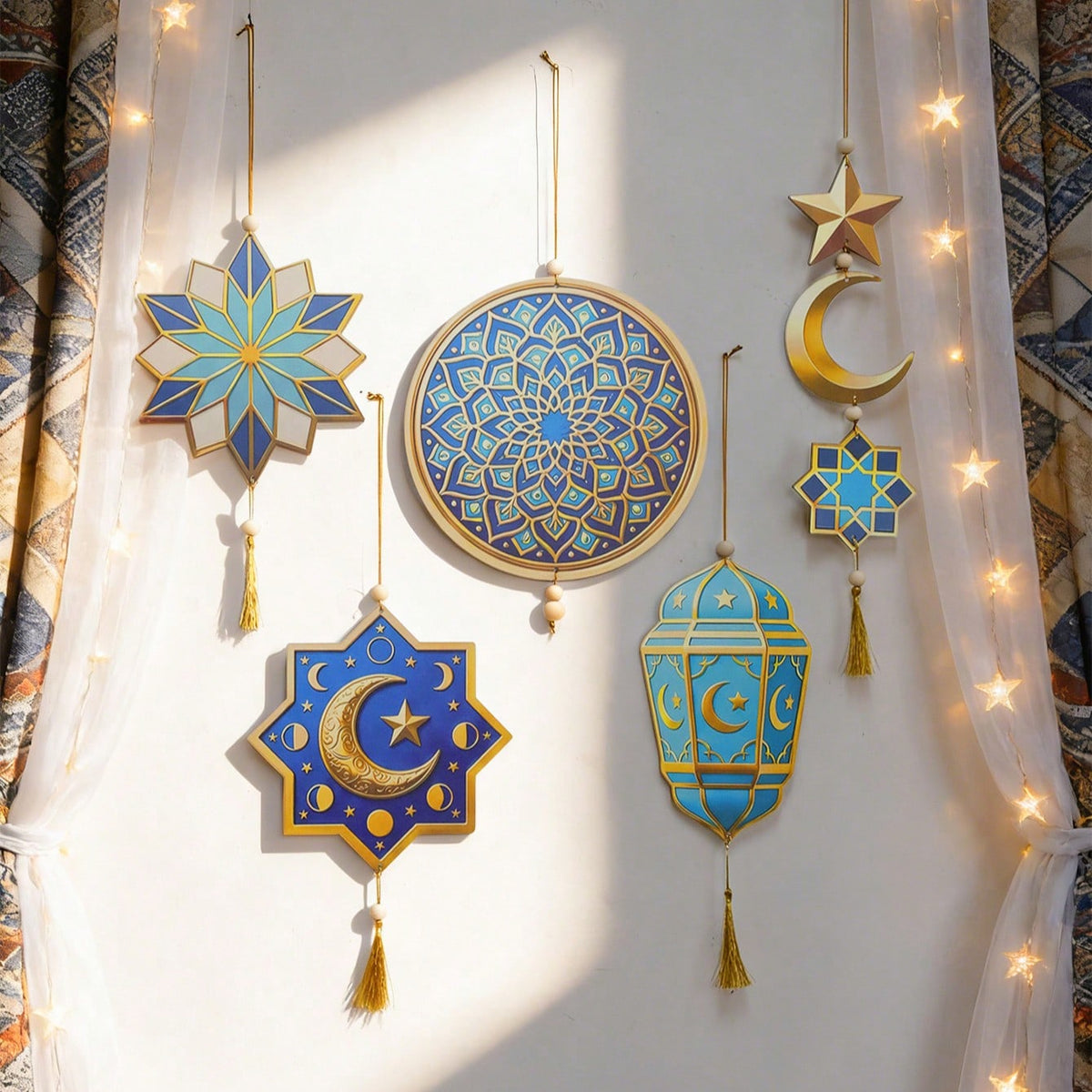 geometric star and crescent hanging ornaments styled in a room, photo 2