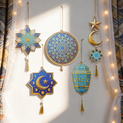 geometric star and crescent hanging ornaments styled in a room, photo 2
