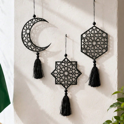 crescent moon and geometric star tassel hanging styled in a room, photo 9
