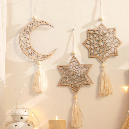 crescent moon and geometric star tassel hanging styled in a room, photo 2