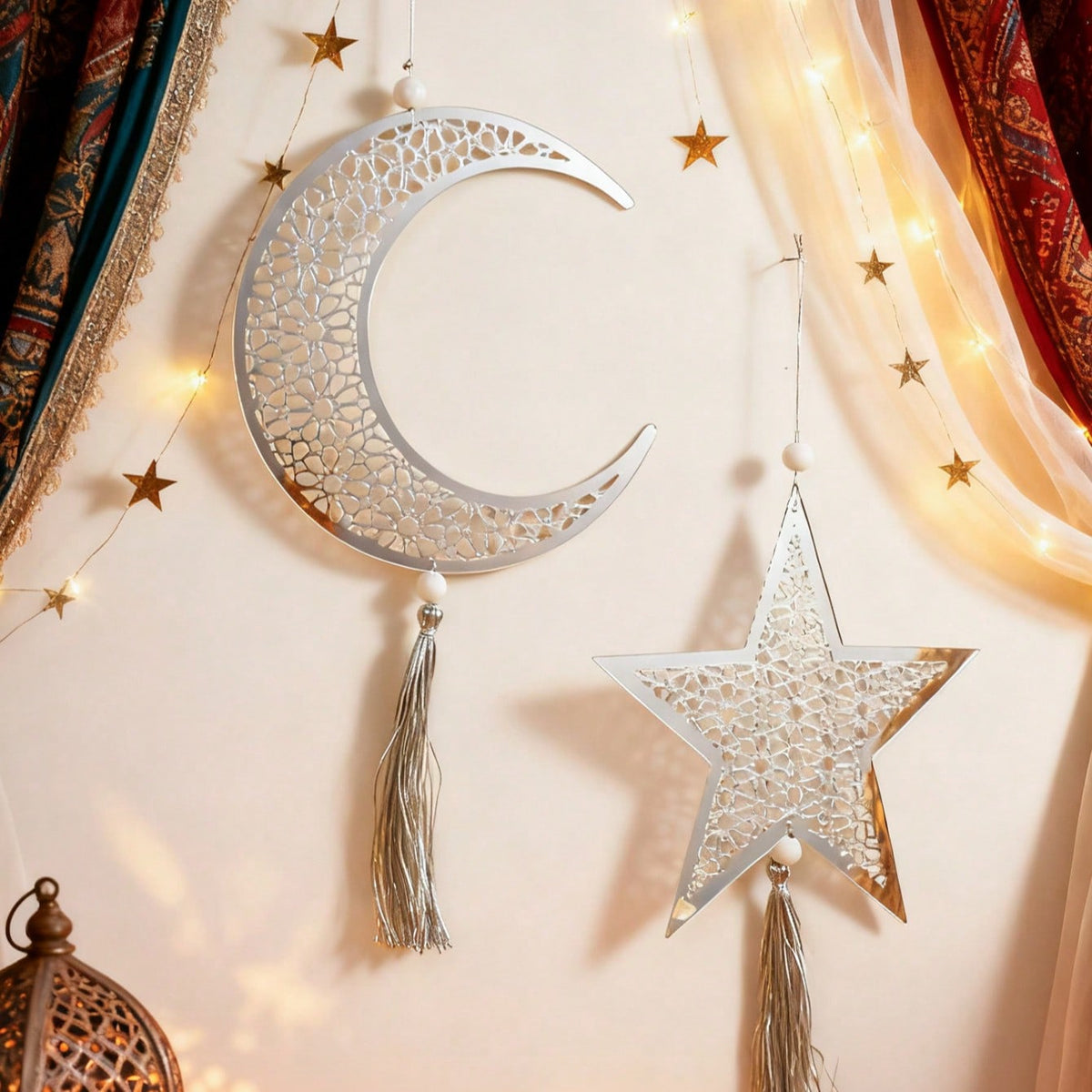 crescent moon and star tassel wall decor styled in a room, photo 2