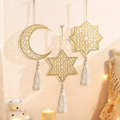 crescent moon and geometric star tassel hanging styled in a room, photo 13