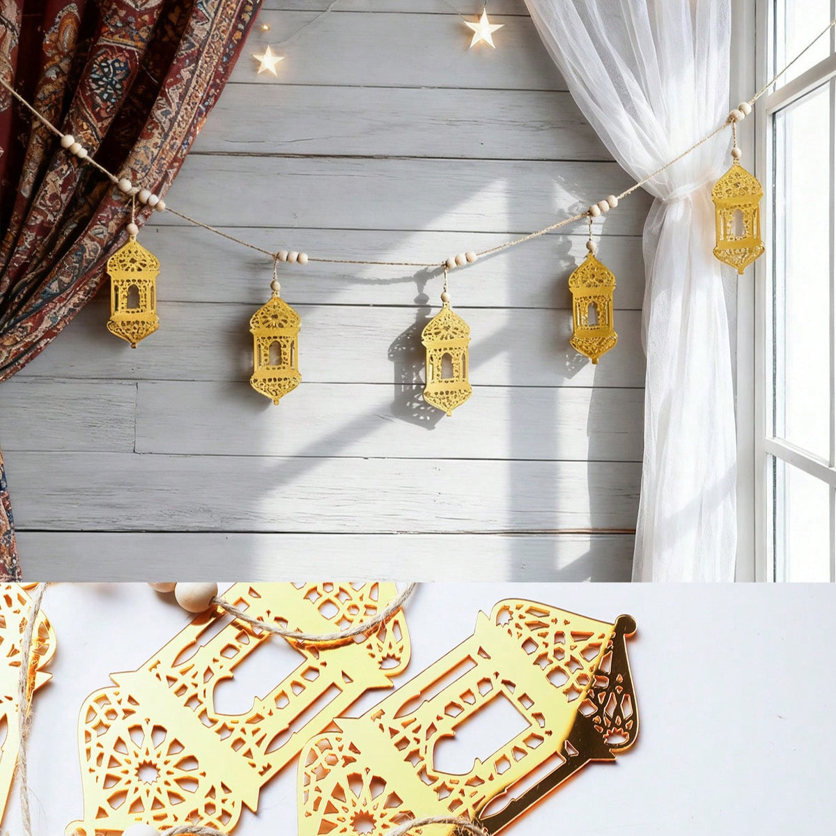 gold geometric lantern garland styled in a room, photo 2