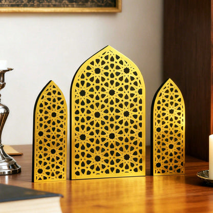 gold mashrabiya arch tabletop decor styled in a room, photo 2