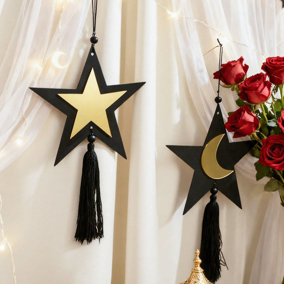 star and crescent tassel wall hanging styled in a room, photo 2