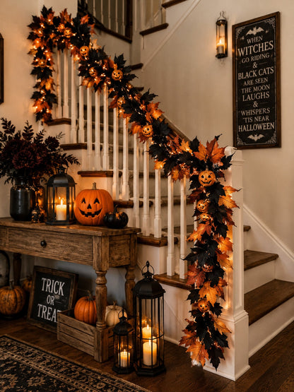 Halloween maple leaf garland draped along a staircase railing