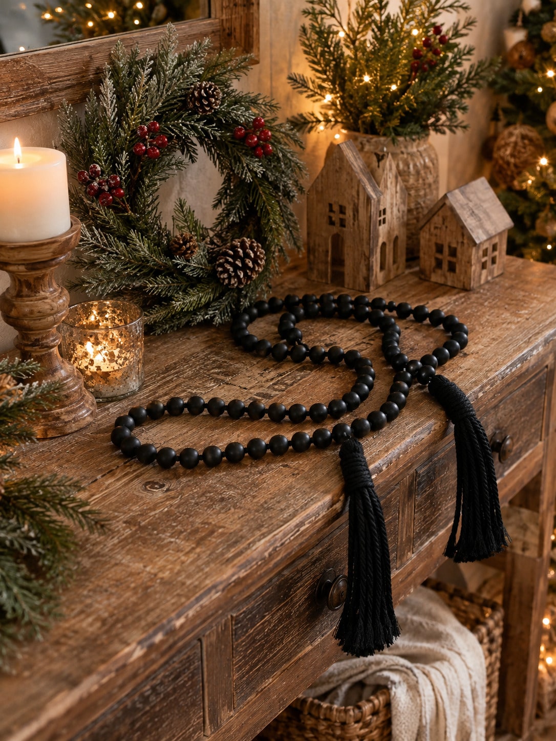 wood bead garland with tassels - Black styled photo