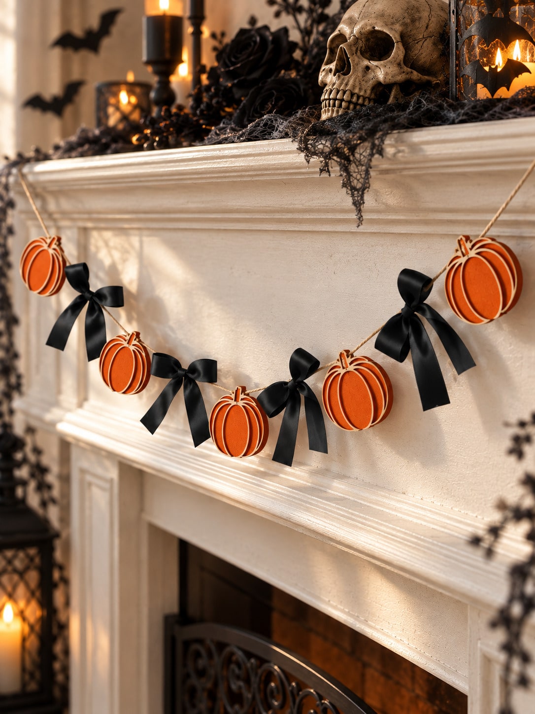Pumpkin garland with black bows on a mantel with skull decor
