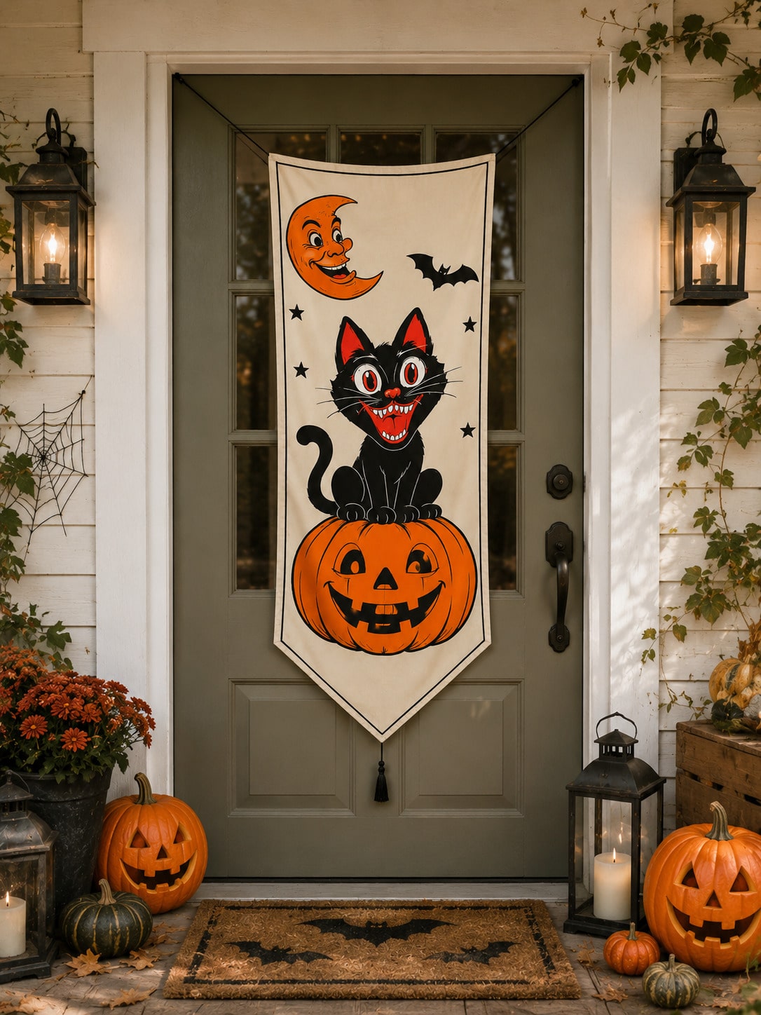 black cat on pumpkin door banner - main photo