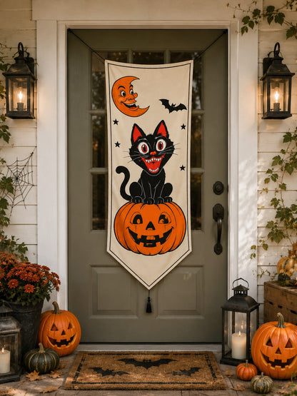 black cat on pumpkin door banner - main photo