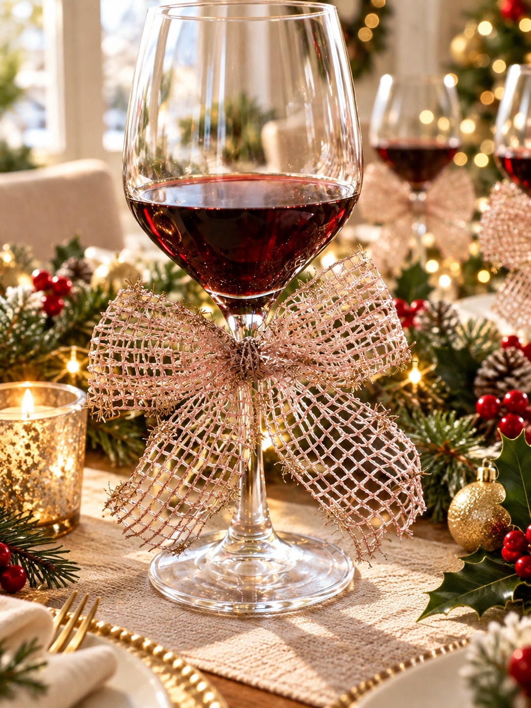 glitter mesh wine glass bows - Gold styled photo