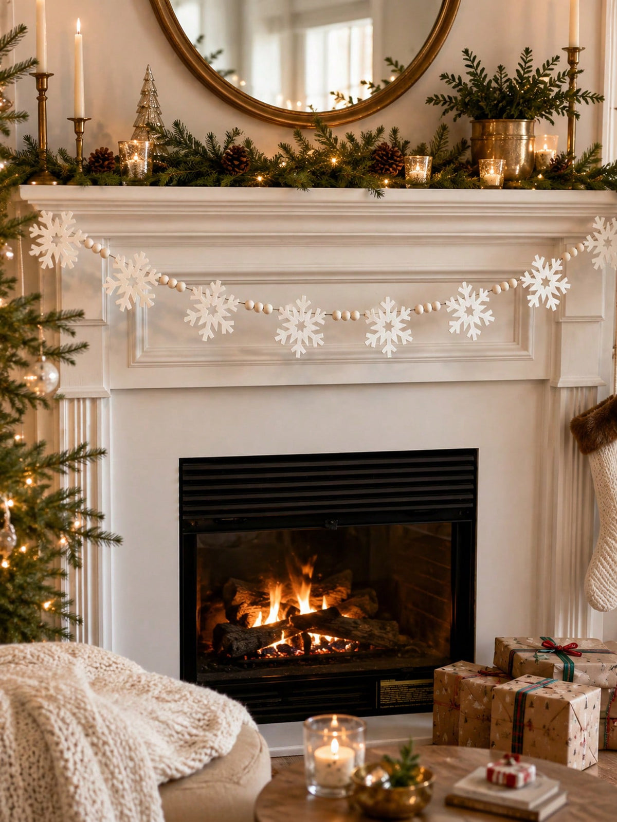 felt snowflake bead garland - White styled photo
