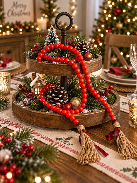 wood bead garland with tassels - Red photo 1