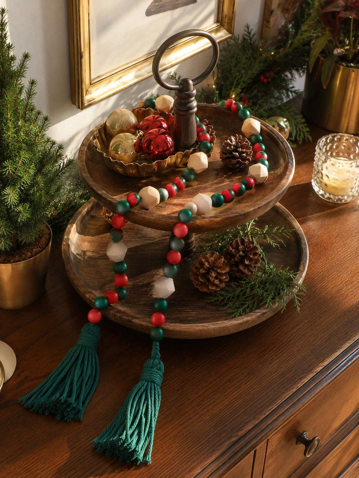 geometric wood bead garland - Red, Green & White styled photo