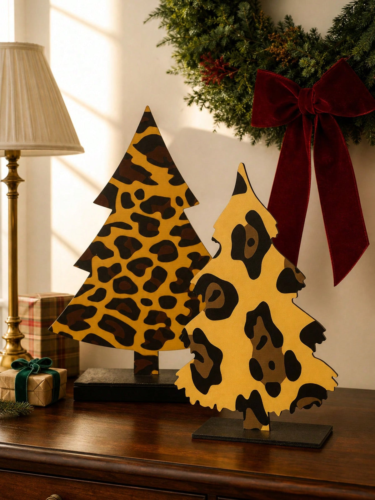 leopard print Christmas tree decor - styled photo