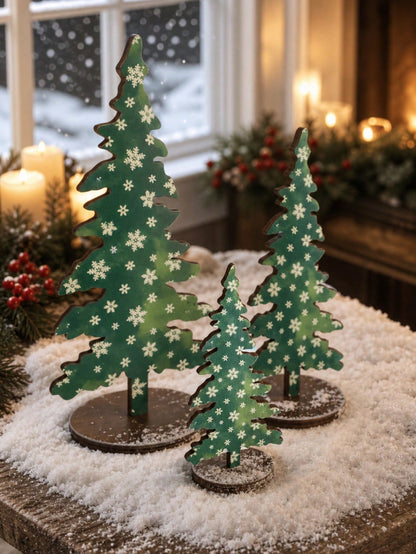 patterned Christmas tree tabletop decor - Snowflake Green styled photo
